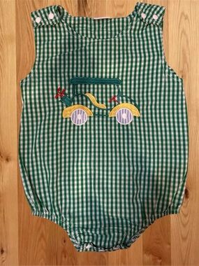 Green Gingham Baby Romper with  Golf Cart Applique